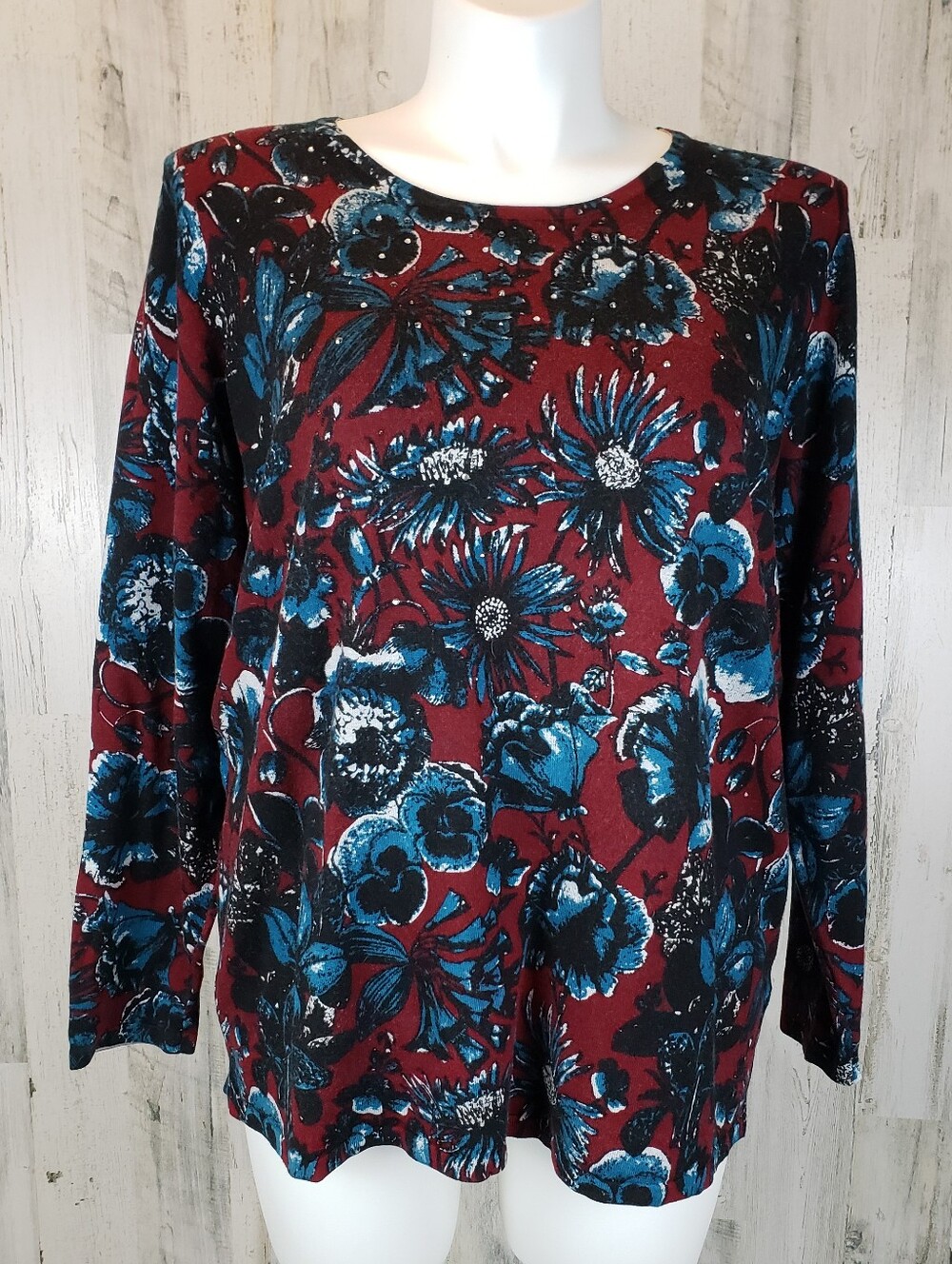 Quacker Factory Burgundy Floral Long Sleeve Sweater Size 2X